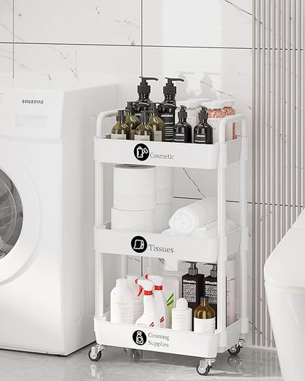 3-Tier Storage Cart,Multifunction Kitchen Storage Organizer,Mobile Shelving Unit Utility Rolling Cart with Lockable Wheels for Bathroom,Laundry,Living Room,With Classified Stickers,White - LeafyLoom