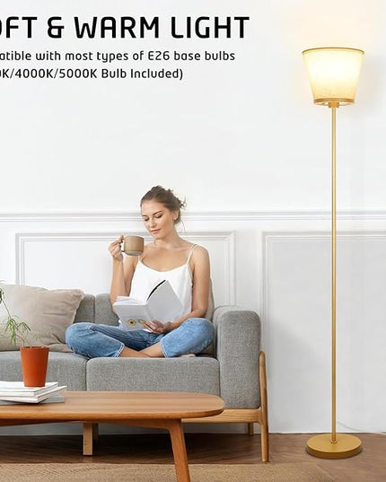 Gold Floor Lamp for Living Room, Standing Lamp for Bedroom Office, 3 Color Temperatures Tall Floor Lamp Reading Floor Lamp with White Fabric Shape. 15W Bulb Included. - LeafyLoom