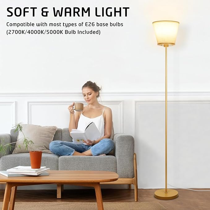 Gold Floor Lamp for Living Room, Standing Lamp for Bedroom Office, 3 Color Temperatures Tall Floor Lamp Reading Floor Lamp with White Fabric Shape. 15W Bulb Included. - LeafyLoom