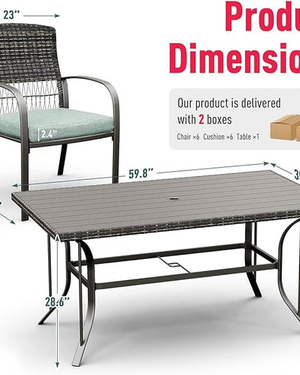 Pamapic Patio Dining Set, 7 Piece, Outdoor Wicker Furniture Set for Backyard Garden Deck Poolside/Iron Slats Table Top, Removable Cushion, Green - LeafyLoom
