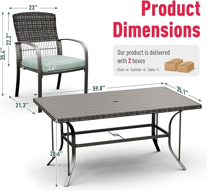 Pamapic Patio Dining Set, 7 Piece, Outdoor Wicker Furniture Set for Backyard Garden Deck Poolside/Iron Slats Table Top, Removable Cushion, Green - LeafyLoom