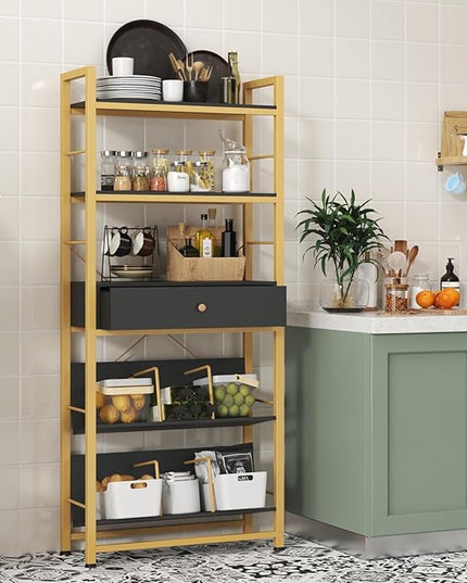 Bookshelf with Drawers- 60'' Wide Industrial Book Shelf with Bookend, 5 Tiers Tall Storage Shelves, Steel Frame Display Rack, Suitable for Bedroom, Office, Living Room-27'' Depth Black - LeafyLoom