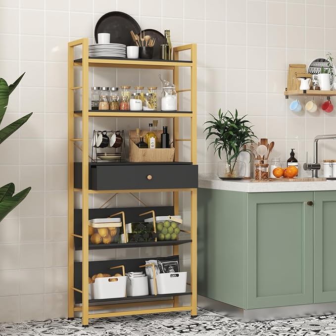 Bookshelf with Drawers- 60'' Wide Industrial Book Shelf with Bookend, 5 Tiers Tall Storage Shelves, Steel Frame Display Rack, Suitable for Bedroom, Office, Living Room-27'' Depth Black - LeafyLoom