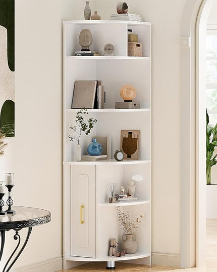 Corner Shelf 6-Tier Corner Bookcase with Drawer, Tall Corner Bookshelf Freestanding White Corner Cabinet Corner Shelves Stand for Wall Corner, Living Room, Home Office, Bedroom, Display Shelf - LeafyLoom