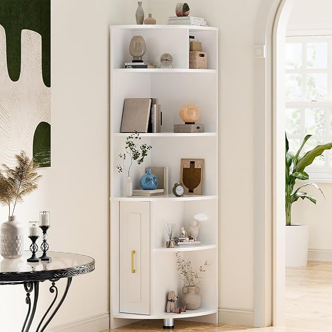 Corner Shelf 6-Tier Corner Bookcase with Drawer, Tall Corner Bookshelf Freestanding White Corner Cabinet Corner Shelves Stand for Wall Corner, Living Room, Home Office, Bedroom, Display Shelf - LeafyLoom