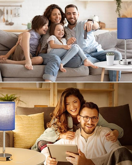 Blue Bedside Table Lamps for Bedroom Set of 2 - Touch Nightstand Lamp with USB-A+C Charging Ports & AC Outlet - 3 Way Dimmable Small Desk Lamp White for Office, Living Room, Reading - LeafyLoom