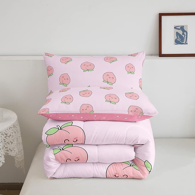 Cartoon Comforter Set Twin Size Pink Peach Bedding Set Kid Kawaii Down Comforter Girl Lovely Peach Duvet Set Cute Fruits Comforter Tropical Plant Bedding Reversible Soft Lightweight Room Decor - LeafyLoom