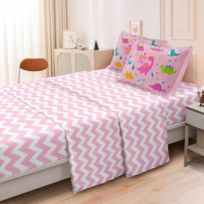Girls Dinosaur Bedding Full Green Pink Dinosaur Comforter Set, Cute Cartoon Down Comforter for Little Girls Teens Kids Adults Room Decor, Reversible Bed-in-a-Bag 5-Piece Bed Sets - LeafyLoom