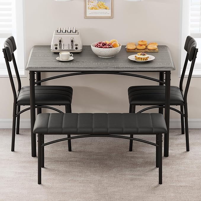 GAOMON Dining Table Set for 4, Kitchen Table with Upholstered Chairs and Bench, 4-Person Dining Room Table Set, Rectangular Kitchen Table Set for Small Space, Apartment, Home, Studio, Rustic Grey - LeafyLoom