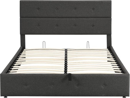 Queen Size Lift Up Storage Bed/Modern Upholstered Platform Bed Frame/Hydraulic Storage/No Box Spring Needed/Wood Slats Support - LeafyLoom