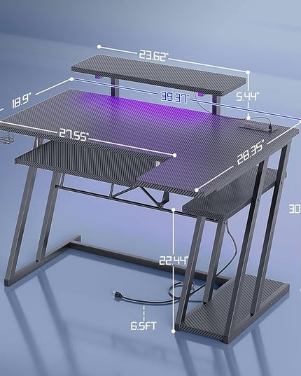 Small Gaming Desk with Shelves and Outlets, L Shaped Gaming Desk with LED Lights, Reversible L Shaped Computer Desk for Gamer, Carbon Fiber Black, 39"-11 - LeafyLoom