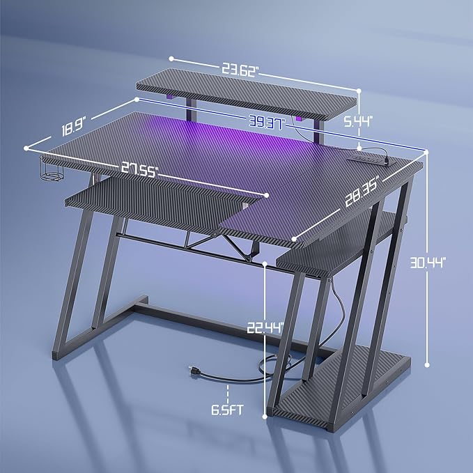 Small Gaming Desk with Shelves and Outlets, L Shaped Gaming Desk with LED Lights, Reversible L Shaped Computer Desk for Gamer, Carbon Fiber Black, 39"-11 - LeafyLoom
