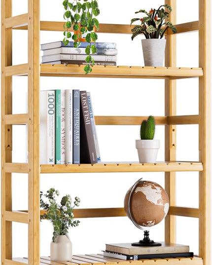 Bamboo Shelf, 6-Tier Adjustable Tall Open Bookcase, Bathroom Storage Rack Freestanding Shelving Unit, Plant Display Stand for Small Space, Natural - LeafyLoom