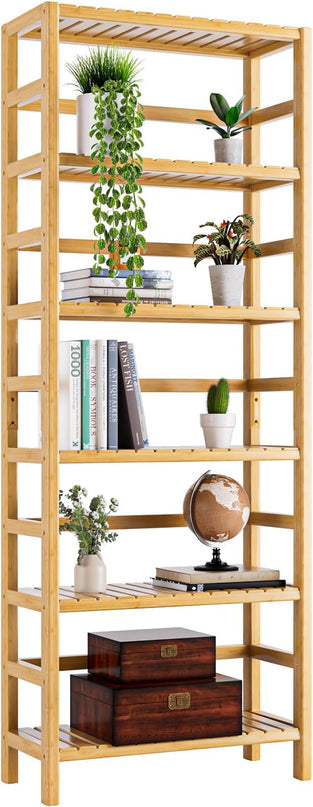 Bamboo Shelf, 6-Tier Adjustable Tall Open Bookcase, Bathroom Storage Rack Freestanding Shelving Unit, Plant Display Stand for Small Space, Natural - LeafyLoom