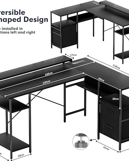 L-Shaped Home Office Desks with 2 Drawers Reversible Computer Gaming Desk with Monitor Stand Power Outlets Corner Desks for Home Office 61" Pure Black - LeafyLoom