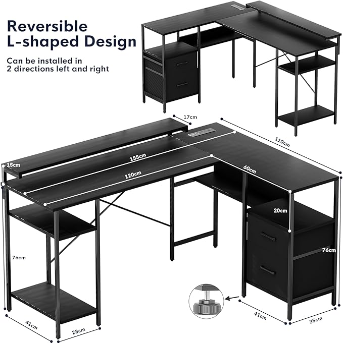 L-Shaped Home Office Desks with 2 Drawers Reversible Computer Gaming Desk with Monitor Stand Power Outlets Corner Desks for Home Office 61" Pure Black - LeafyLoom