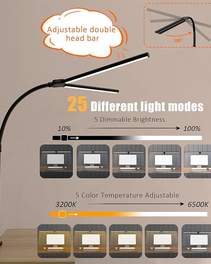 Double Head LED Desk Lamp, Architect Desk Lamps for Home Office, 24W Brightest Workbench Office Lighting-5 Color Modes and 5 Dimmable Eye Protection Modern Desk Lamp for Monitor Reading - LeafyLoom