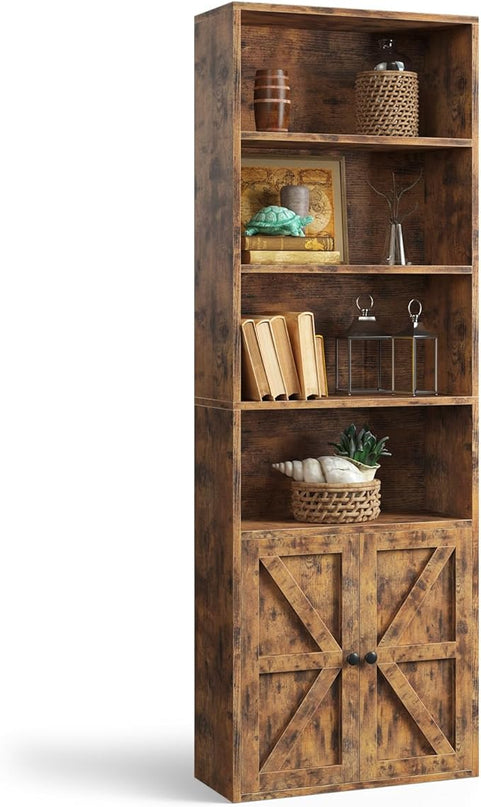 oneinmil 6 Tier Bookcase, Wooden Bookshelves with Cabinet Doors, Floor Bookshelf and Office Storage Cabinets for Home Office, Living Room,Brown - LeafyLoom
