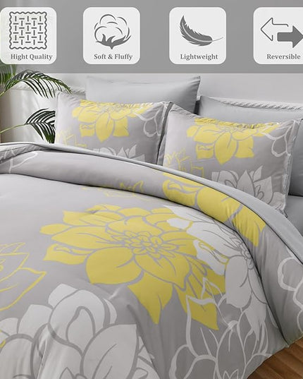 Yellow Comforter Set King 7 Piece Bed in a Bag Yellow Floral Comforter with Sheet Set Soft Micorfiber Reversible Bedding Set (1 Comforter,2 Pillow Shams,1 Flat Sheet,1 Fitted Sheet,2 Pillowcases) - LeafyLoom