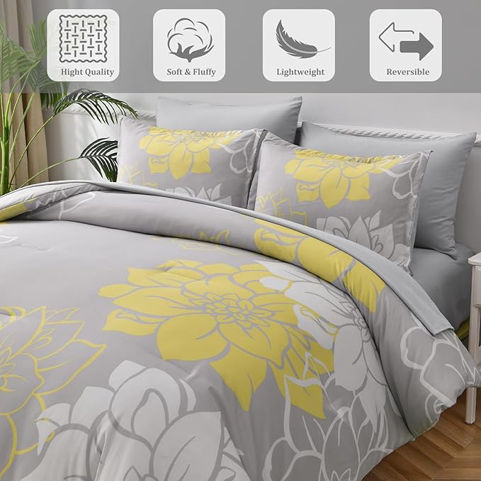 Yellow Comforter Set King 7 Piece Bed in a Bag Yellow Floral Comforter with Sheet Set Soft Micorfiber Reversible Bedding Set (1 Comforter,2 Pillow Shams,1 Flat Sheet,1 Fitted Sheet,2 Pillowcases) - LeafyLoom