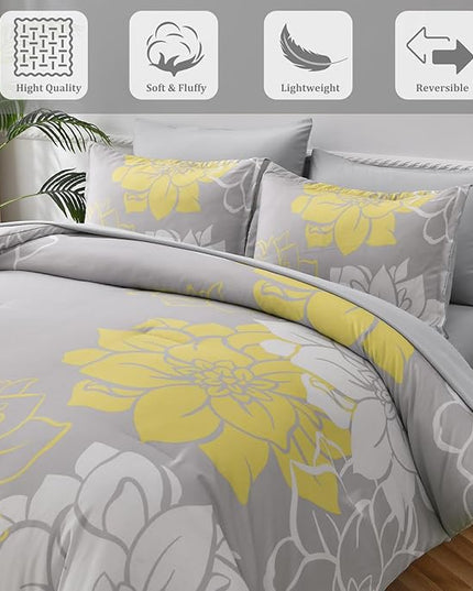 Floral Comforter Set Queen 7 Piece Bed in a Bag Yellow Floral Comforter with Sheet Set Soft Micorfiber Reversible Bedding Set (1 Comforter,2 Pillow Shams,1 Flat Sheet,1 Fitted Sheet,2 Pillowcases) - LeafyLoom