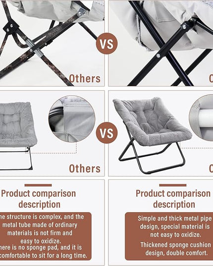Tiita Comfy Saucer Chair, Soft Faux Fur Oversized Folding Accent Chair, Lounge Lazy Chair for Kids Teens Adults, Metal Frame Moon Chair for Bedroom, Living Room, Dorm Rooms, X-Large, Grey - LeafyLoom