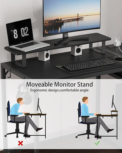Gaming Desk with Led Light & Power Outlets, 48" Computer Desk with Wooden Drawers and Monitor Stand, Office Desk with Shelves and 2 Headphone Hooks, Work Desk for Home Office,Black - LeafyLoom