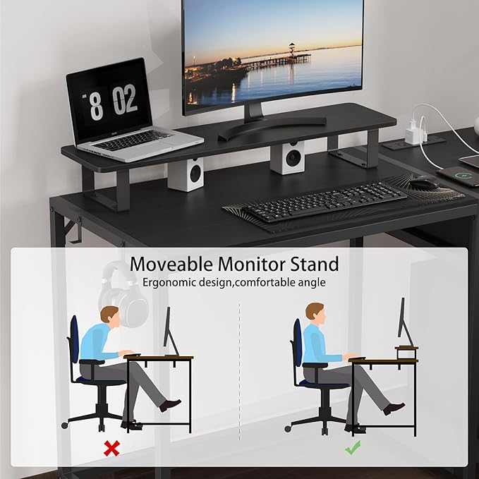 Gaming Desk with Led Light & Power Outlets, 48" Computer Desk with Wooden Drawers and Monitor Stand, Office Desk with Shelves and 2 Headphone Hooks, Work Desk for Home Office,Black - LeafyLoom