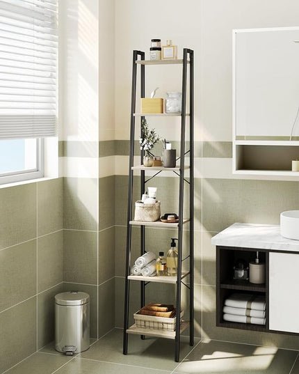 Ladder Shelf, Bookshelf Bookcase, Freestanding Corner Storage Shelve with 2 Hooks for Home Office, Living Room, Kitchen, Bedroom, Industrial, 6-Tier Greige BC13305B - LeafyLoom