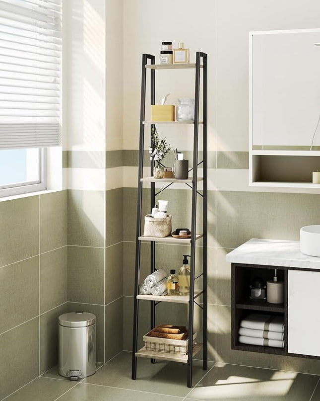 Ladder Shelf, Bookshelf Bookcase, Freestanding Corner Storage Shelve with 2 Hooks for Home Office, Living Room, Kitchen, Bedroom, Industrial, 6-Tier Greige BC13305B - LeafyLoom