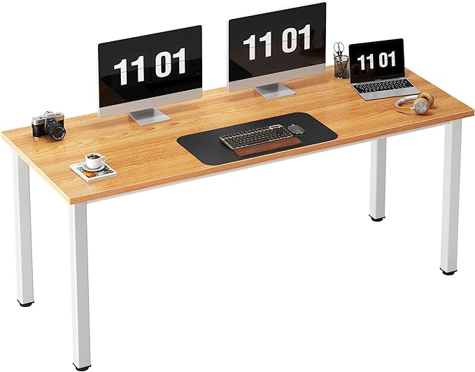 Need 63 Inch Large Computer Desk - Modern Simple Style Home Office Gaming Desk, Basic Writing Table for Study Student, White Metal Frame, Teak - LeafyLoom