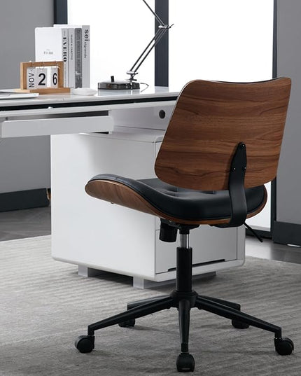 Armless Home Office Chair Modern Walnut Chair with Wheels Mid Back Swivel Computer Chair No arm Adjustable Height Leather Desk Chair for Reading,Meeting Room (Black) - LeafyLoom