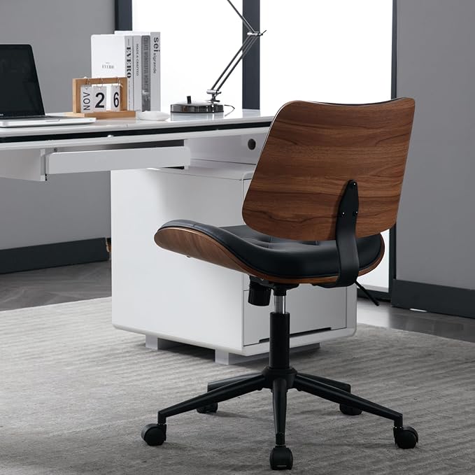 Armless Home Office Chair Modern Walnut Chair with Wheels Mid Back Swivel Computer Chair No arm Adjustable Height Leather Desk Chair for Reading,Meeting Room (Black) - LeafyLoom