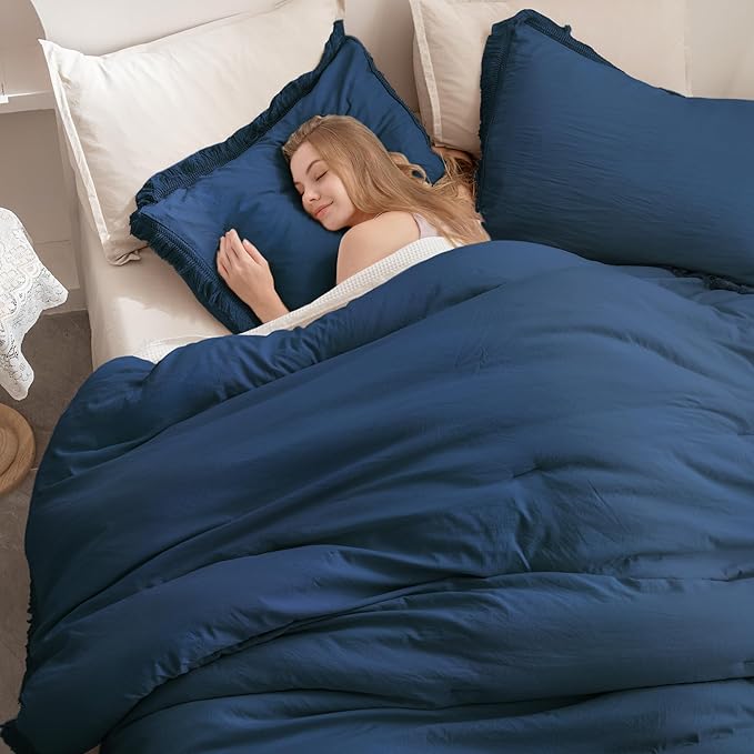 Andency Navy Blue Comforter King Size, 3 Pieces Boho Tassel Lightweight Bedding Comforter Sets for King Bed, All Season Soft Fluffy Fringe Bed Set (104x90In Comforter & 2 Pillowcases) - LeafyLoom