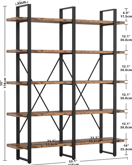 IRONCK Industrial Bookshelf and Bookcase Double Wide 5 Tier, Large Open Shelves, Wood and Metal Bookshelves for Home Office Furniture, Easy Assembly - LeafyLoom