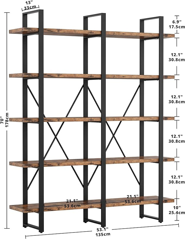 IRONCK Industrial Bookshelf and Bookcase Double Wide 5 Tier, Large Open Shelves, Wood and Metal Bookshelves for Home Office Furniture, Easy Assembly - LeafyLoom