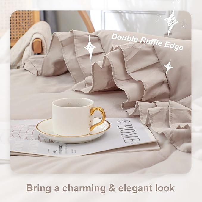 Wheat Double Ruffle Comforter Set Twin Size (66x90 Inch), 2 Pcs Farmhouse Vintage Comforter Set (1 Ruffled Comforter and 1 Pillowcase), Rustic All Season Down Alternative Bedding Set - LeafyLoom