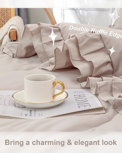 Wheat Double Ruffle Comforter Set Queen Size (90x90 Inch), 3 Pcs Farmhouse Vintage Comforter Set (1 Ruffled Comforter and 2 Pillowcase), Rustic All Season Down Alternative Bedding Set - LeafyLoom