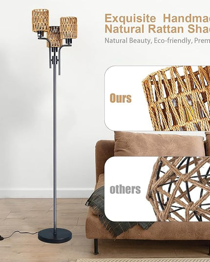 Ganeed Floor Lamps for Living Room,3 Lights Rattan Standing Tall Lamp with Foot Switch,360°Rotation Black Modern Woven Standing Floor Lamp for Bedroom Office - LeafyLoom