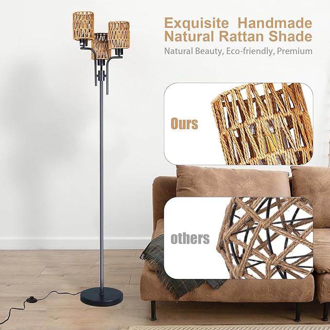 Ganeed Floor Lamps for Living Room,3 Lights Rattan Standing Tall Lamp with Foot Switch,360°Rotation Black Modern Woven Standing Floor Lamp for Bedroom Office - LeafyLoom