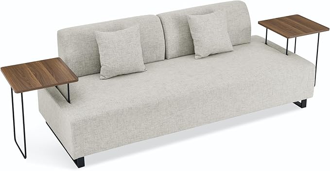 Morden Linen Upholstered 3 Seat Sofa Couch with Two End Tables and 2 Pillows, Free Transformation Removable Back and Armrests for Living Room, 86.25", Beige-395 - LeafyLoom