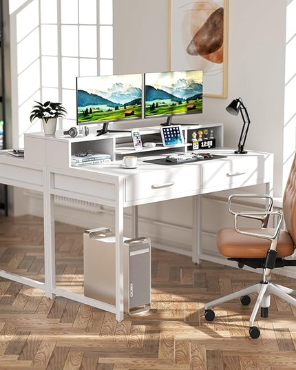 Computer Desk with Drawers, 47" Home Office Desk with Monitor Shelf, Writing Desk with Storage, Gaming Desk Work Desk Study Desk for Bedroom, White - LeafyLoom