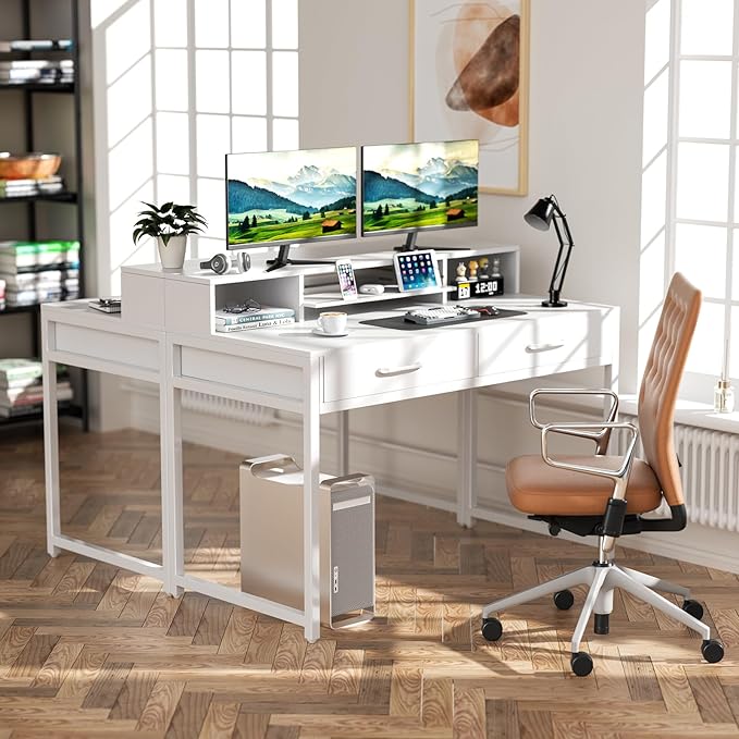 Computer Desk with Drawers, 47" Home Office Desk with Monitor Shelf, Writing Desk with Storage, Gaming Desk Work Desk Study Desk for Bedroom, White - LeafyLoom