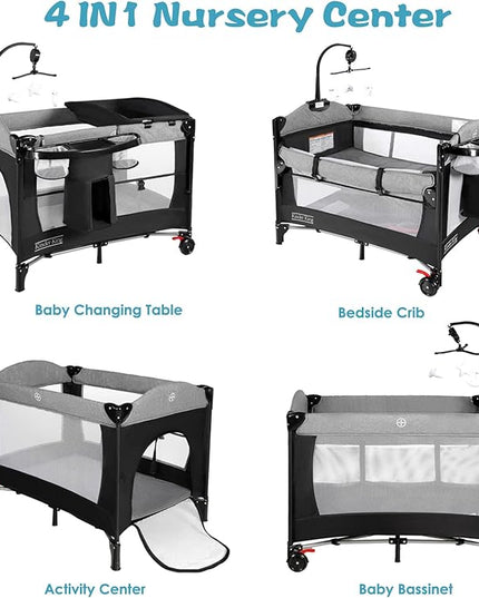 Kinder King 4 in 1 Portable Nursery Center, Foldable Baby Bedside Crib w/Bassinet, Infant Pack n Play Playard Toddler Large Playpen, Newborn Changing Table, Storage Basket, Side Zipper - LeafyLoom