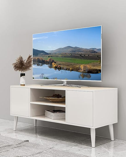 Yusong Retro TV Stand for 55 Inch TV, Entertainment Centers for Living Room Bedroom, Wood TV Bench Table TV Console TV Cabinet with 2 Storage Cabinets and Open Shelves,White - LeafyLoom