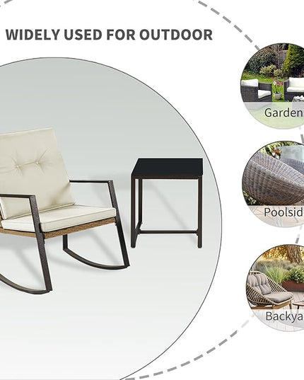 3 Pieces Rocking Bistro Set Outdoor Wicker Patio Furniture Conversation Coffee Table,Washable Cushion for Porch,balcony,Garden,Backyard,Poolside(Beige) - LeafyLoom
