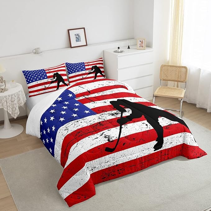 Erosebridal American Flag Comforter Set Twin, Hockey Bedding Set United States Sports Games Down Comforter for Kids Boys Teens Bedroom, Red White Geometric Stripes Duvet Sets with 1 Pillowcase - LeafyLoom