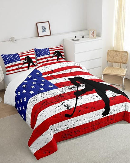 Erosebridal American Flag Comforter Set King, Hockey Bedding Set United States Sports Games Down Comforter for Kids Boys Teens Bedroom, Red White Geometric Stripes Duvet Sets with 2 Pillowcases - LeafyLoom