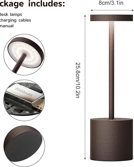 2Pack Cordless Table Lamp, Rechargeable LED Battery 5000mAh Metal USB Portable Powered Desk Lamp, 3 Levels Brightness Light for Restaurants Outdoor (2pack 10.25in ferrugino) - LeafyLoom