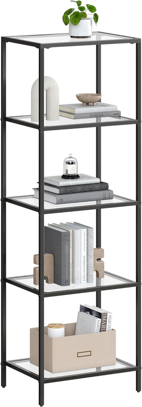 VASAGLE Bookcase, 5-Tier Bookshelf, Slim Shelving Unit for Bedroom, Bathroom, Home Office, Tempered Glass, Steel Frame, Ink Black ULGT029B61 - LeafyLoom